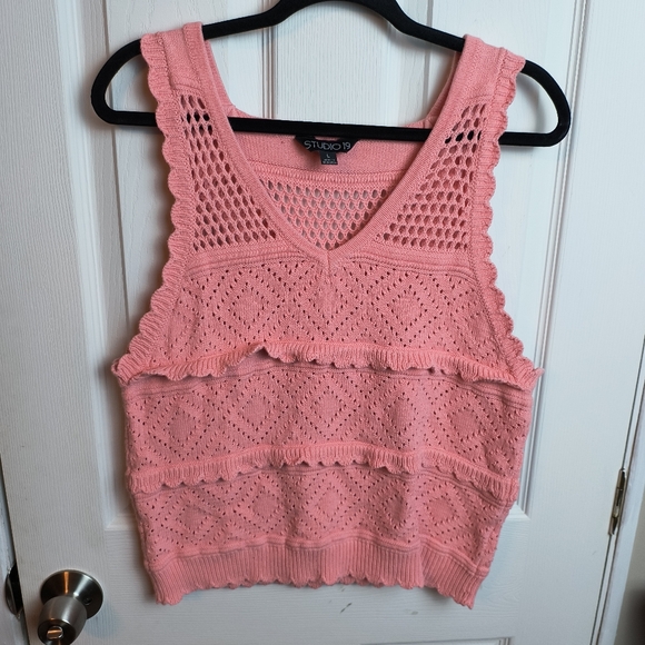 Pink Knit open weave Crochet Eyelet Scalloped Textured Sweater Tank Top Vest L - Picture 3 of 9